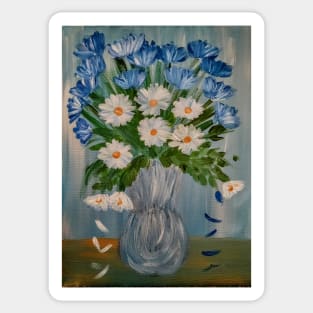 lovely vibrant bouquet of flowers in a silver vase .. Sticker